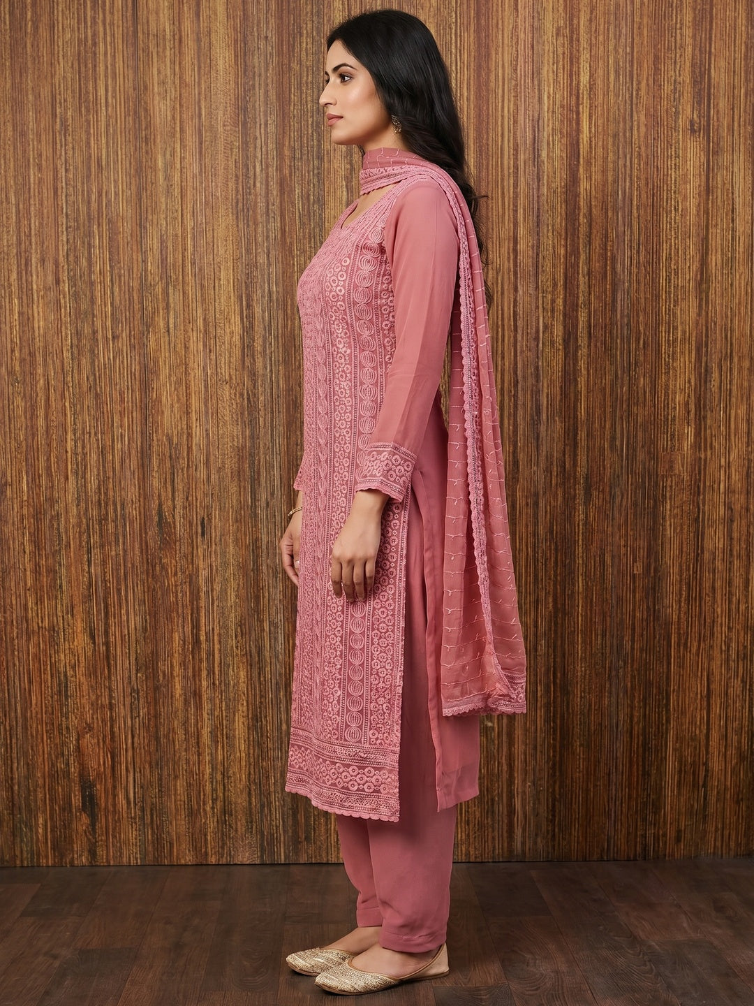 Gajari Pink Sequin Embroidered Georgette Dress Material - Image 3