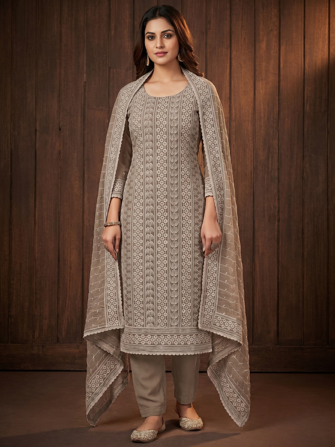 Brown Sequin Embroidered Georgette Dress Material - Image 1