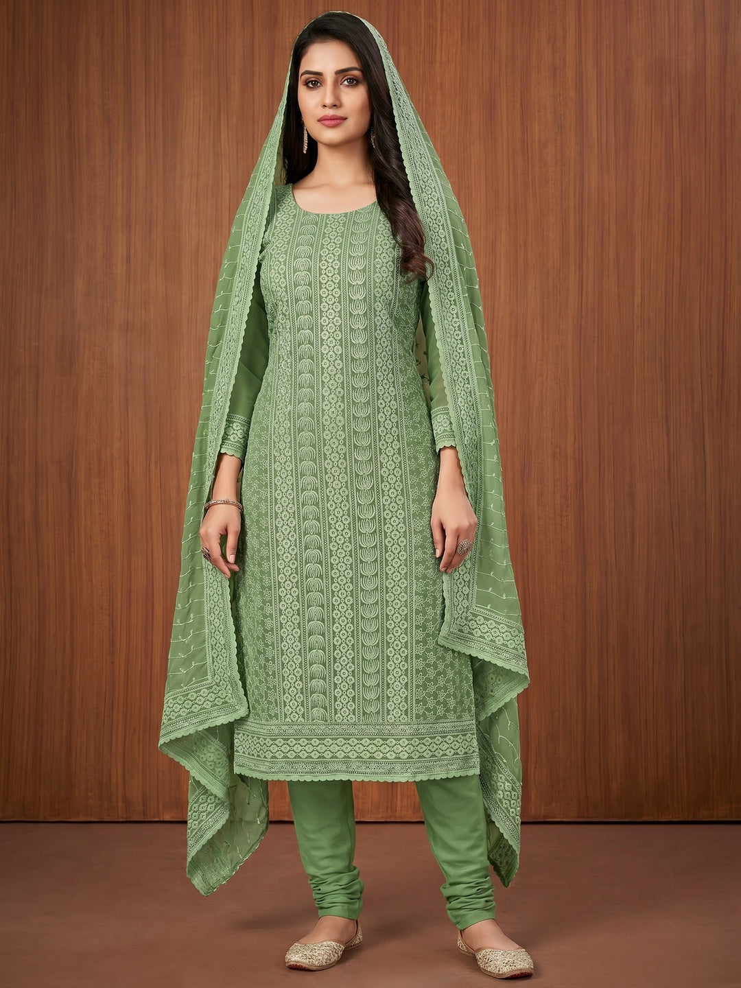 Green Sequin Embroidered Georgette Dress Material - Image 1