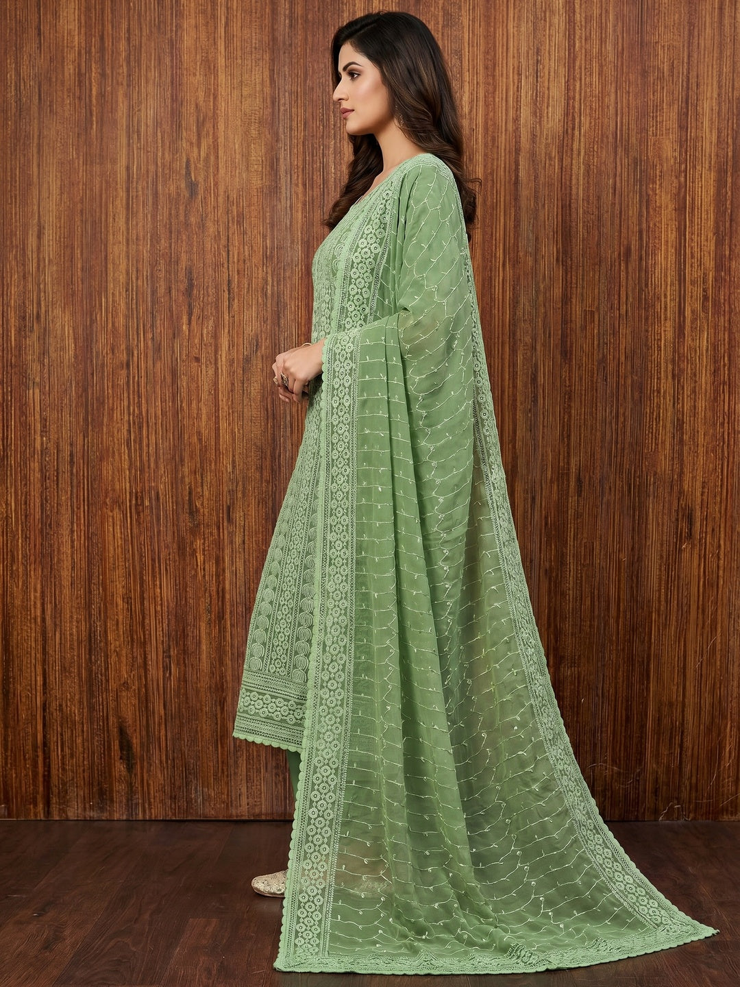 Green Sequin Embroidered Georgette Dress Material - Image 2