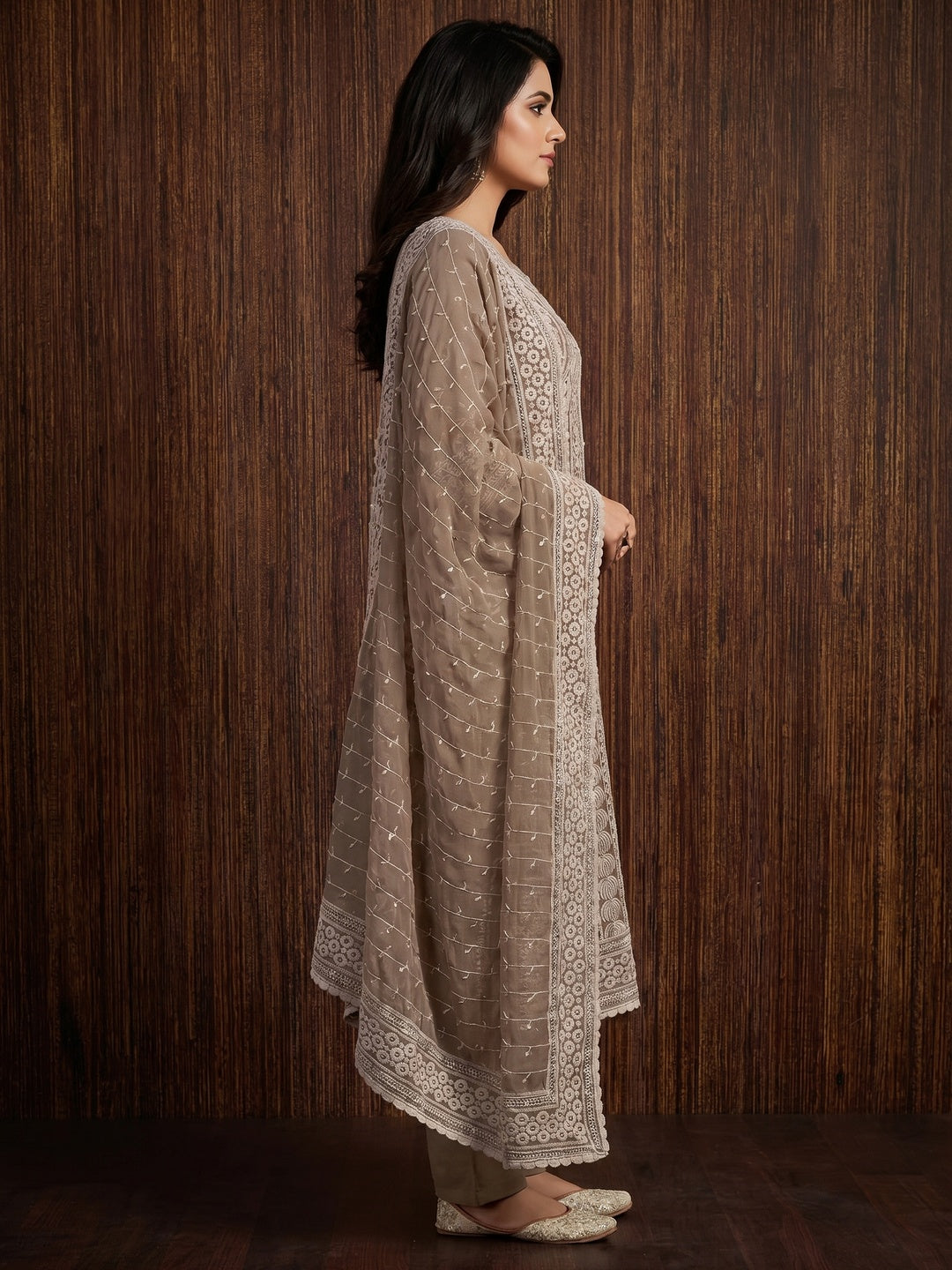 Brown Sequin Embroidered Georgette Dress Material - Image 3