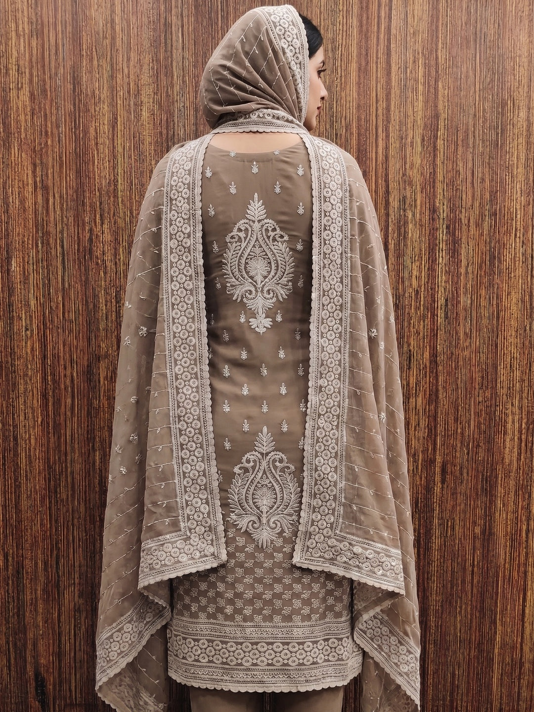 Brown Sequin Embroidered Georgette Dress Material - Image 2
