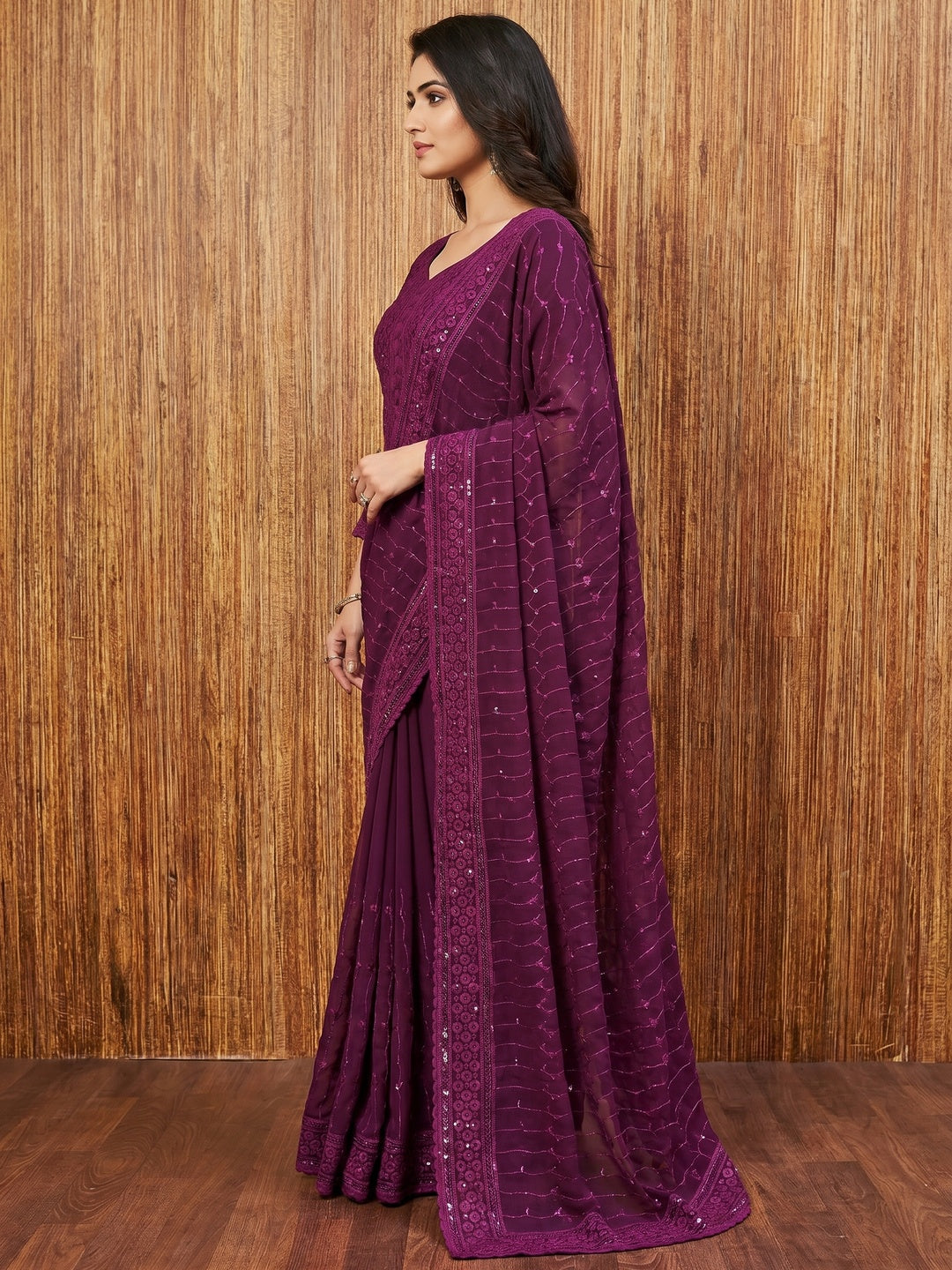 Wine Sequin Embroidered Georgette Dress Material - Image 1