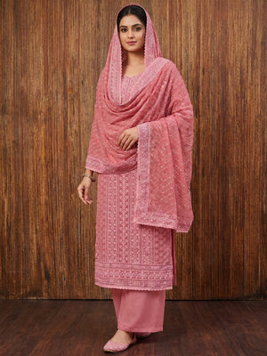 Gajari Pink Floral Sequins Embroidered Georgette Dress Material - Image 1