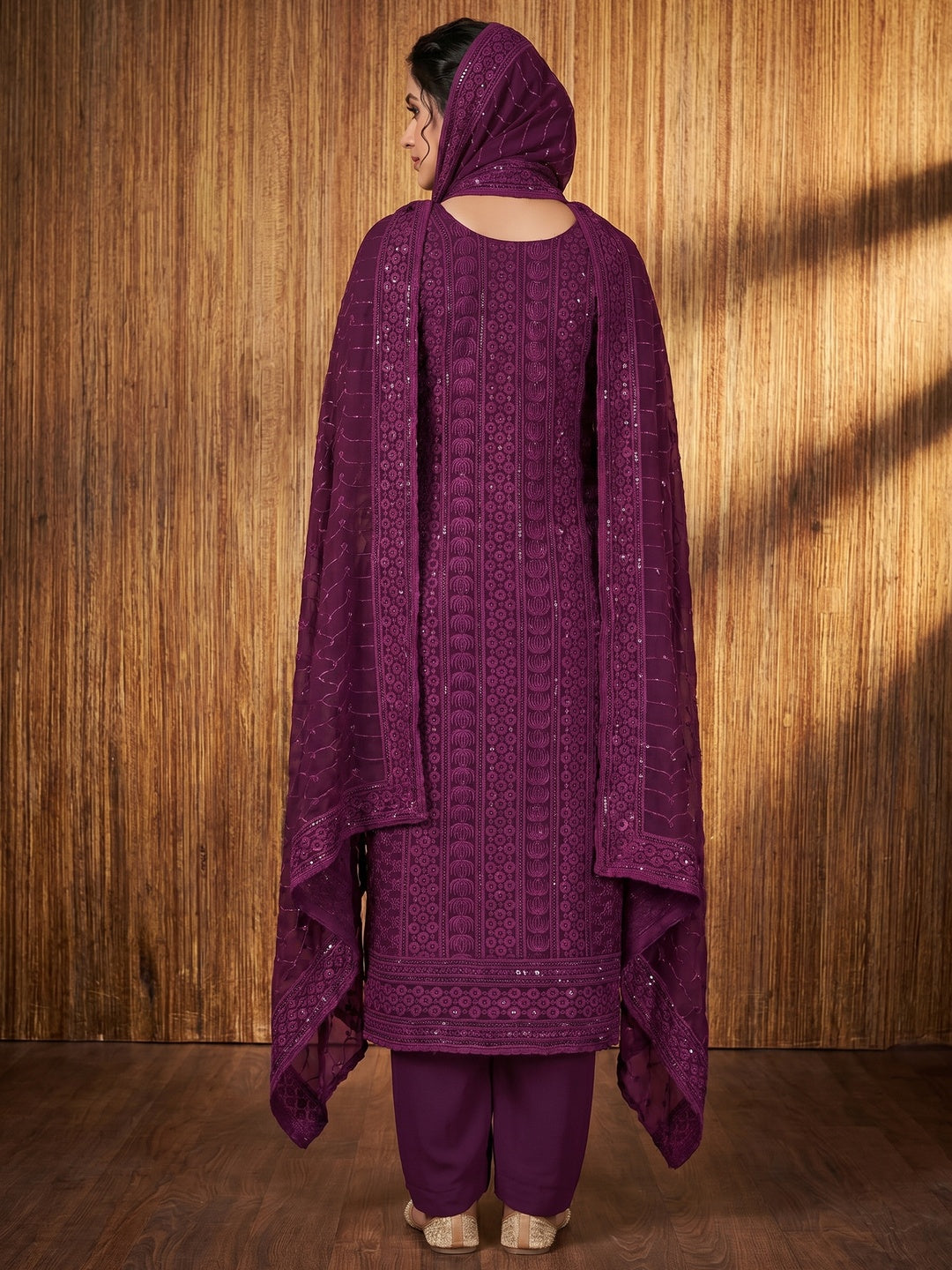 Wine Sequin Embroidered Georgette Dress Material - Image 2