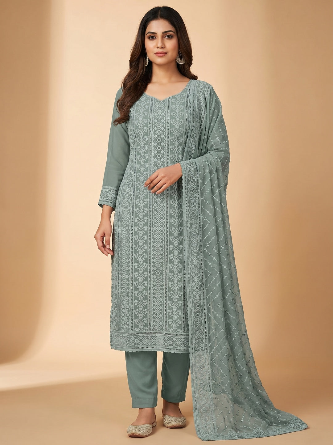 Grey Floral Sequins Embroidered Georgette Dress Material - Image 1