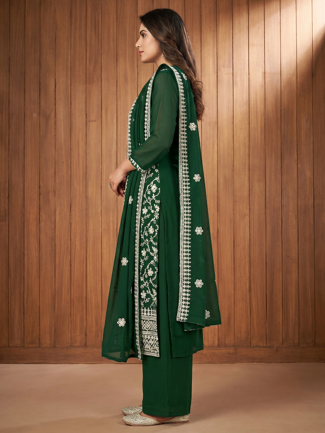 Green Floral Sequins Embroidered Georgette Dress Material - Image 3