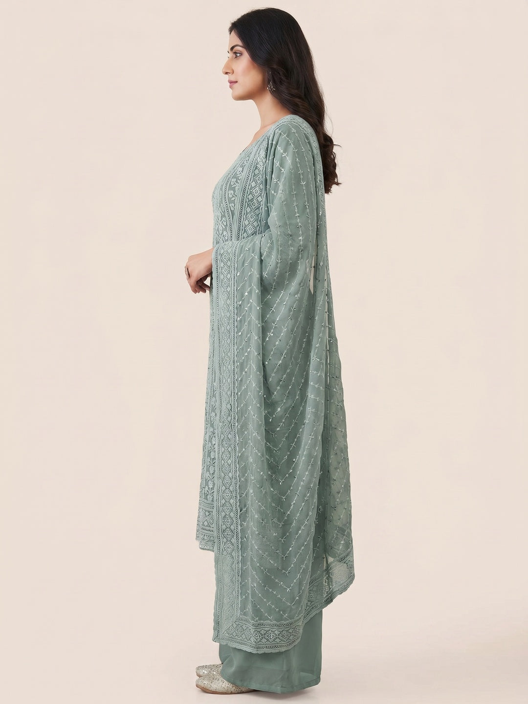 Grey Floral Sequins Embroidered Georgette Dress Material - Image 3