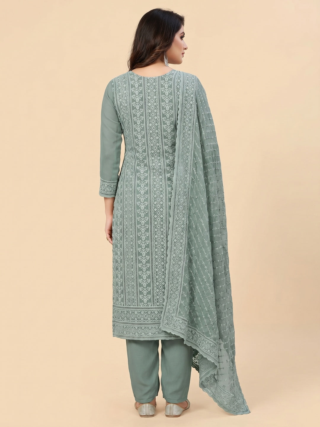 Grey Floral Sequins Embroidered Georgette Dress Material - Image 2