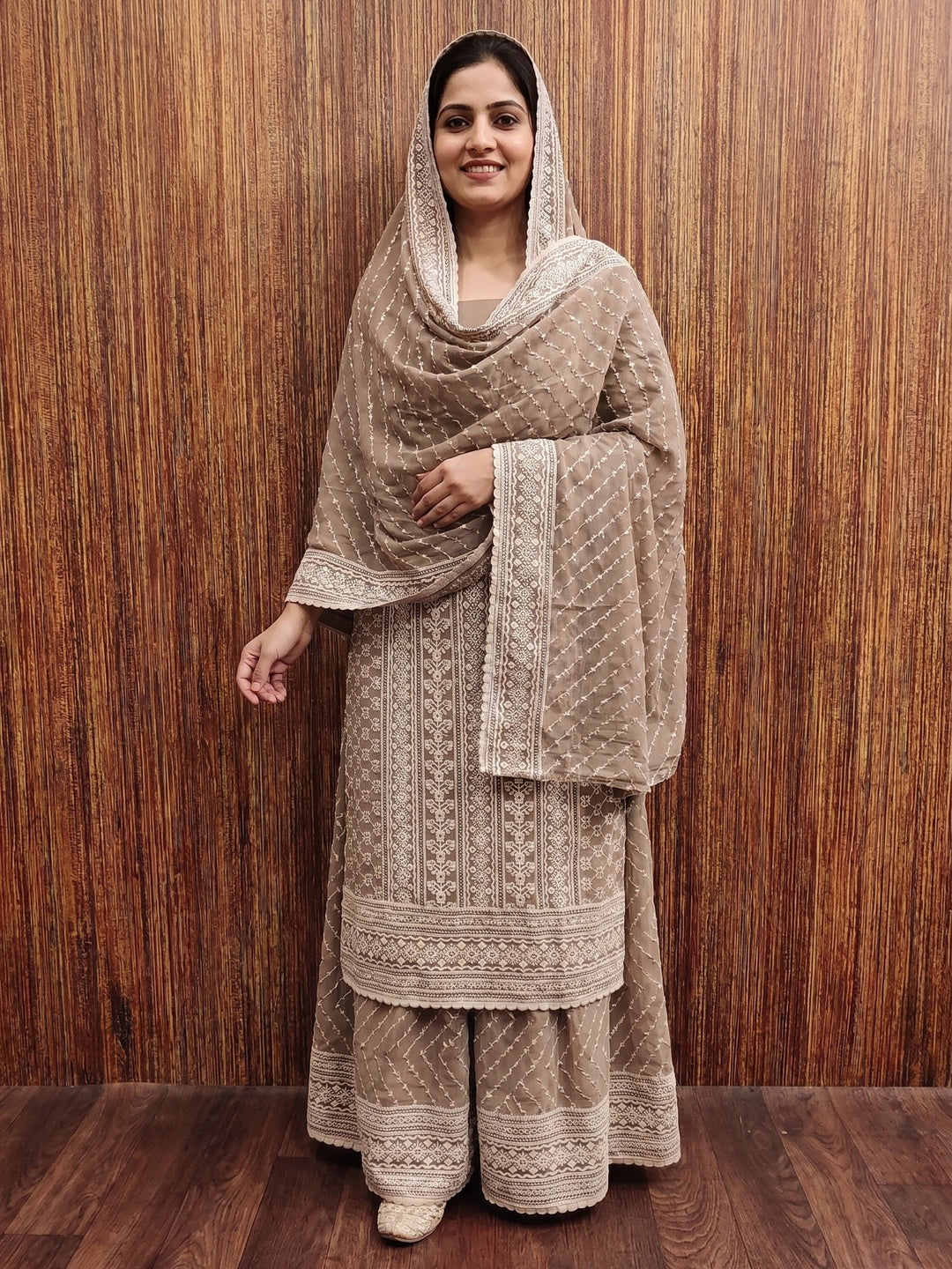 Brown Floral Sequins Embroidered Georgette Dress Material - Image 1