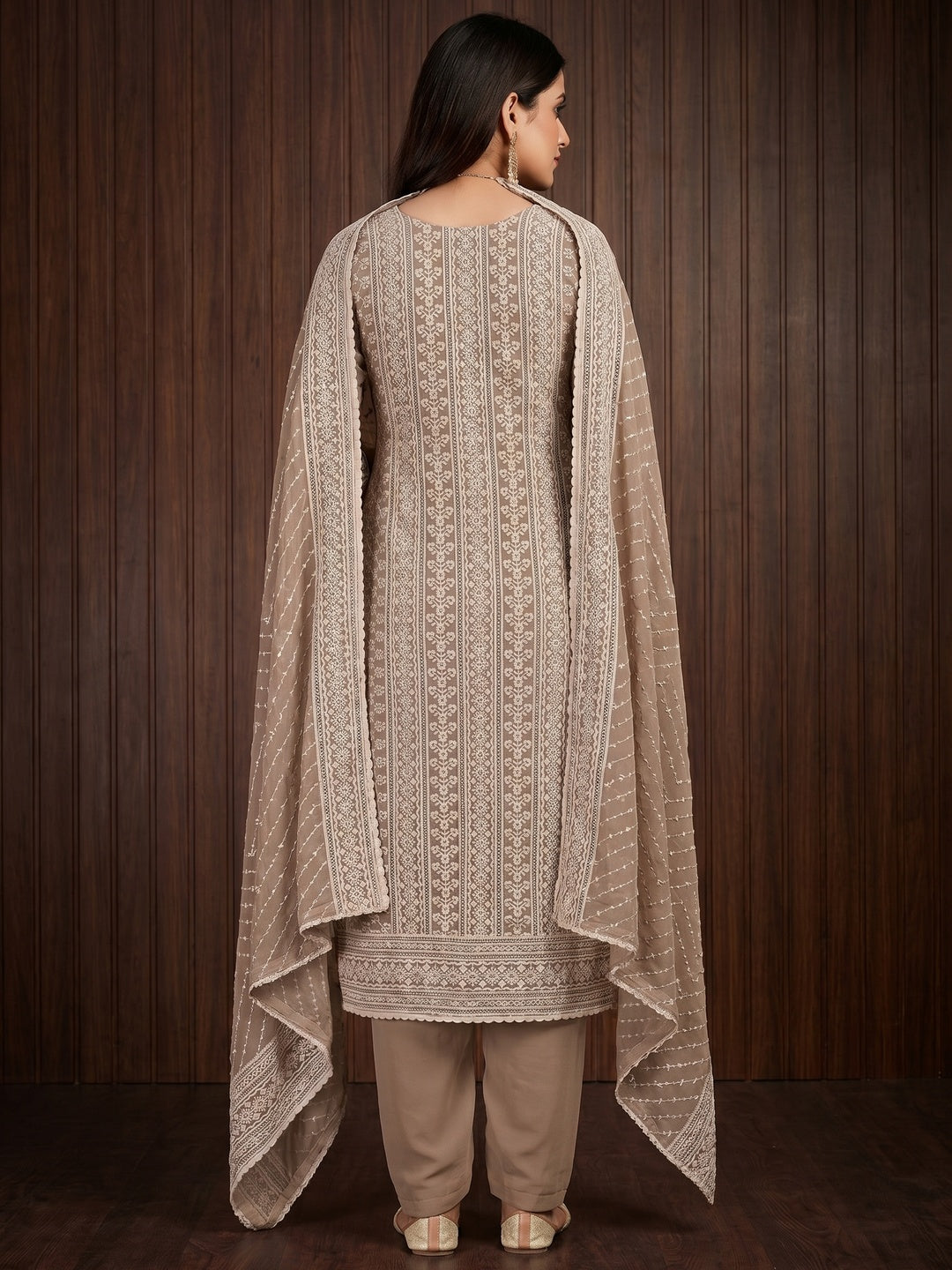 Brown Floral Sequins Embroidered Georgette Dress Material - Image 3
