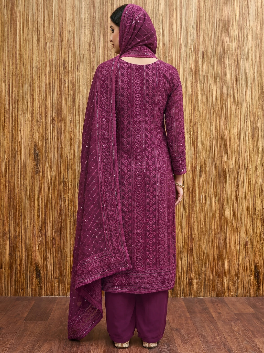Wine Floral Sequins Embroidered Georgette Dress Material - Image 2