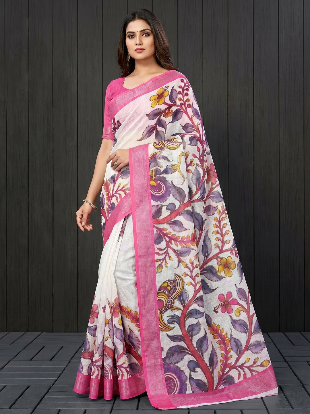 White & Pink Floral Printed Linen Saree - Image 1