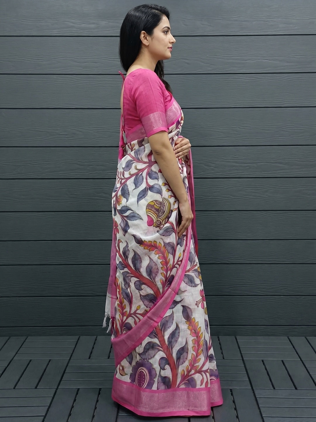 White & Pink Floral Printed Linen Saree - Image 3