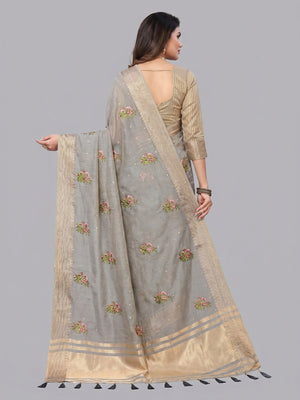 Grey Floral Embroidered Cotton Silk Saree With Zari Border - Image 1