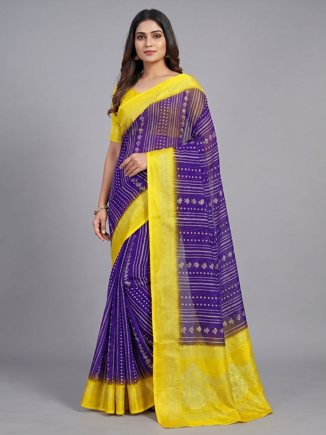 Purple & Yellow Foil Printed Chiffon Saree - Image 1