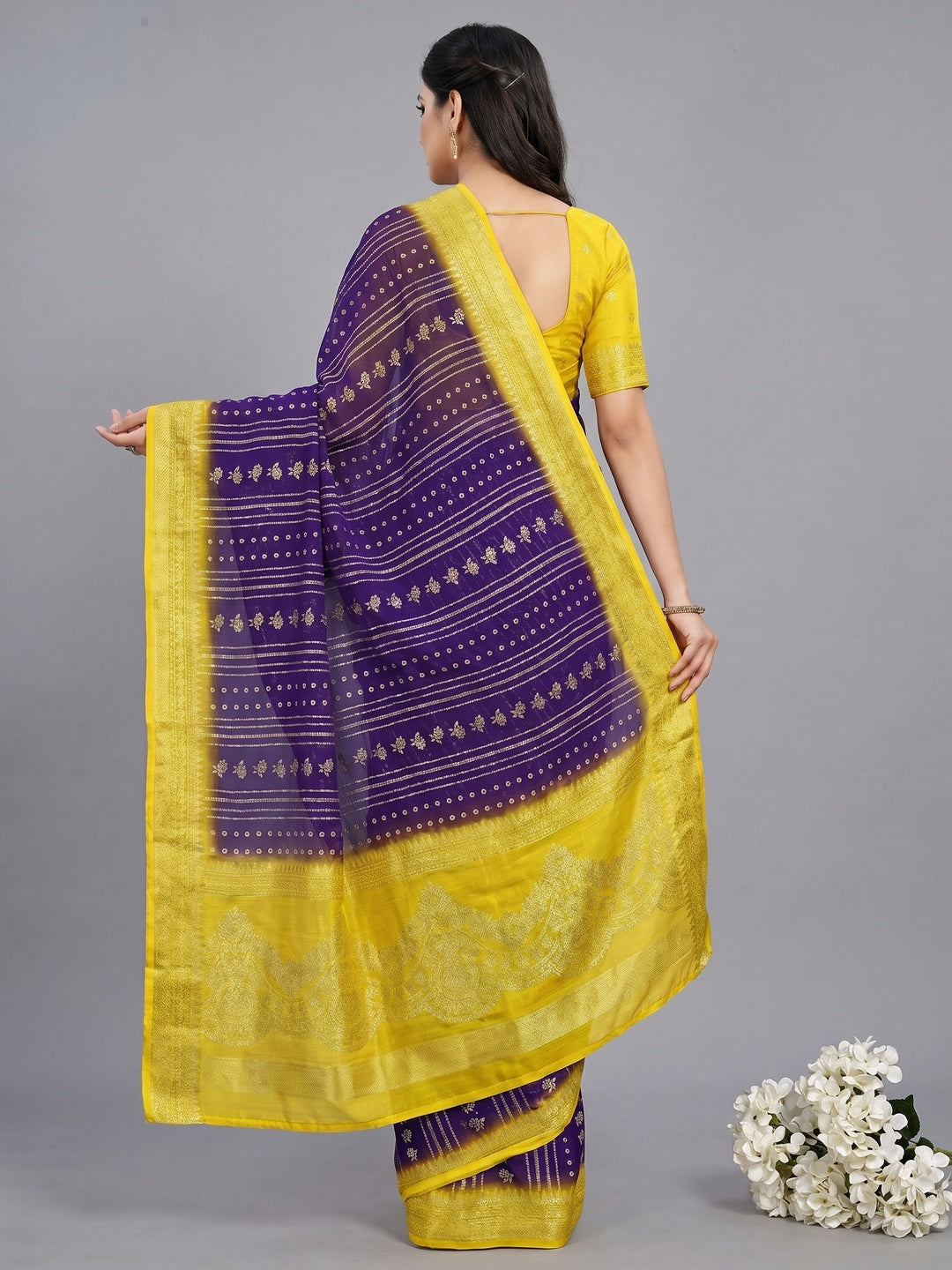 Purple & Yellow Foil Printed Chiffon Saree - Image 2