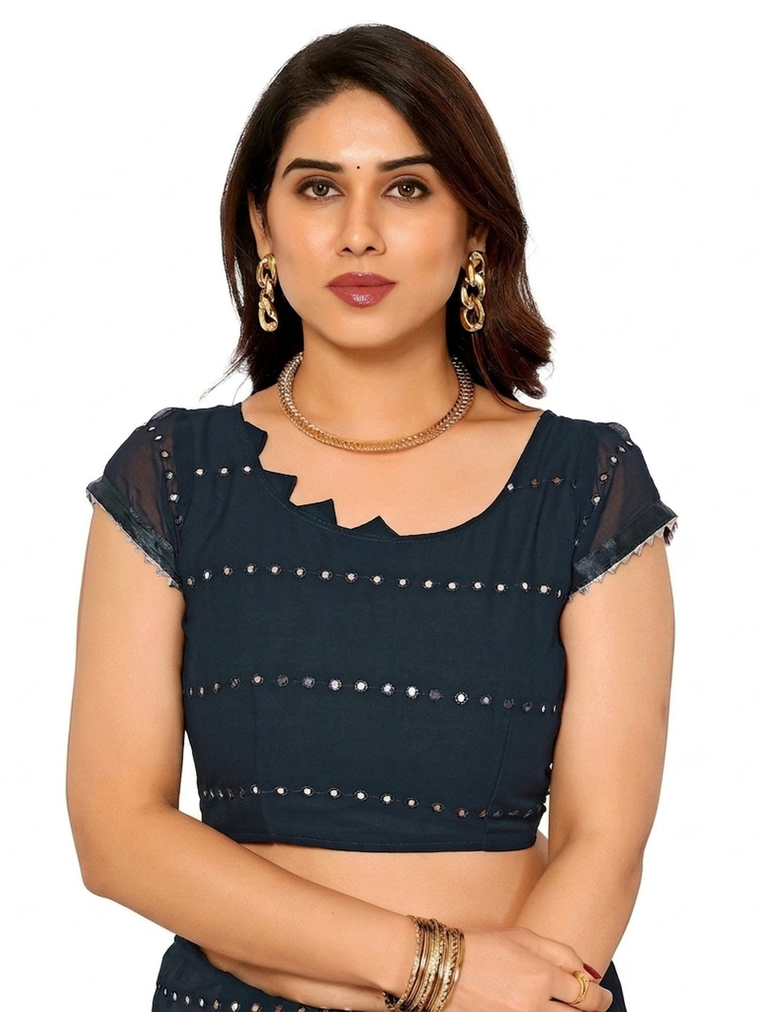 Blue Mirror Work Embroidered Georgette Saree With Ruffle Border - Image 1