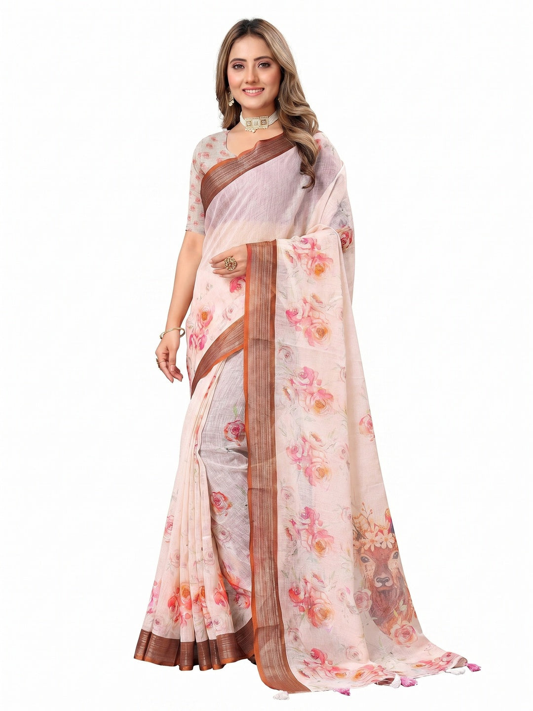 Cream Digital Print Linen Saree - Image 1