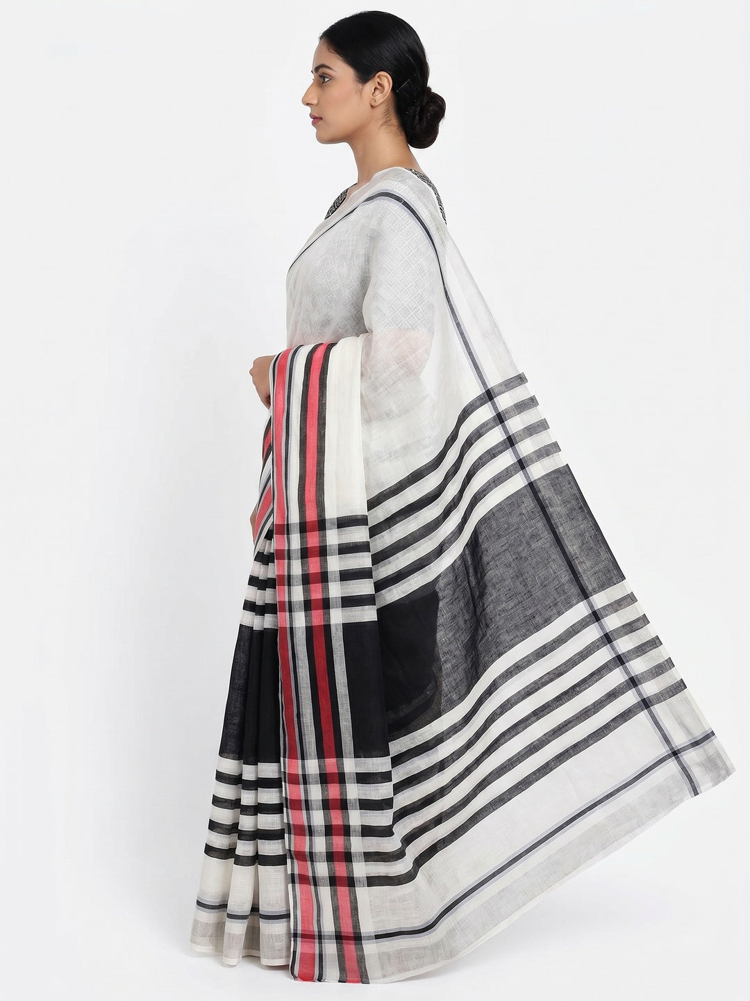 White & Black Printed Linen Saree - Image 2