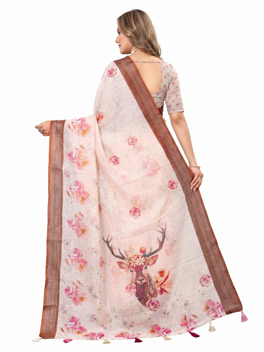 Cream Digital Print Linen Saree - Image 2