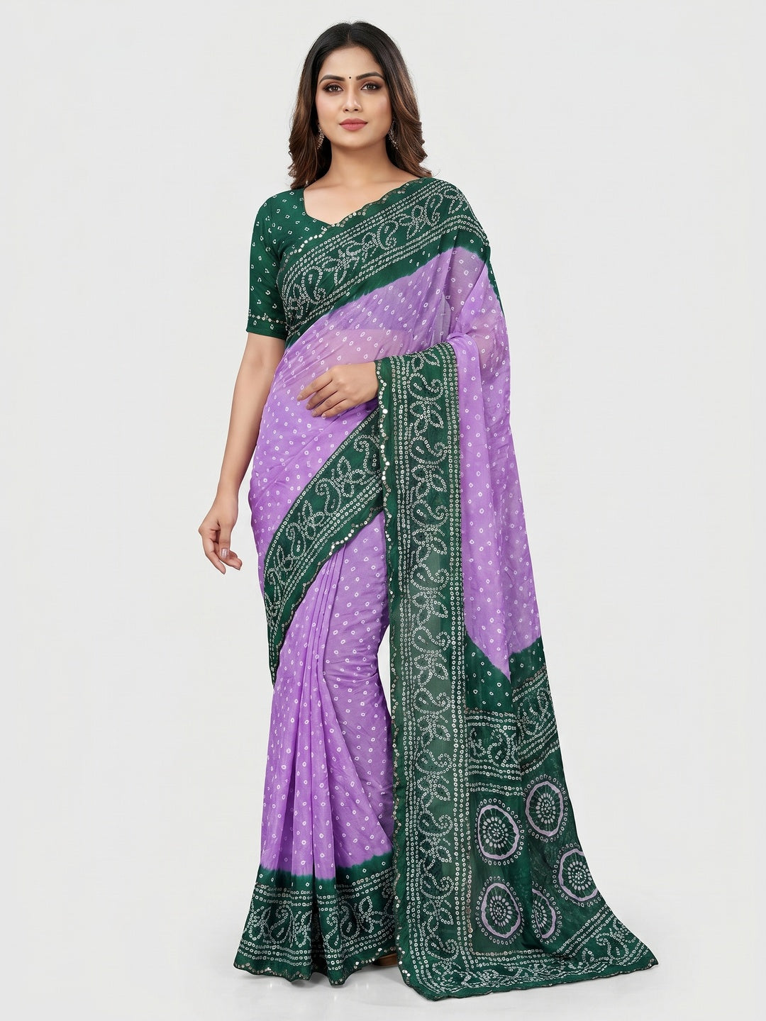 Lavender & Green Bandhani Printed Chiffon Saree - Image 1