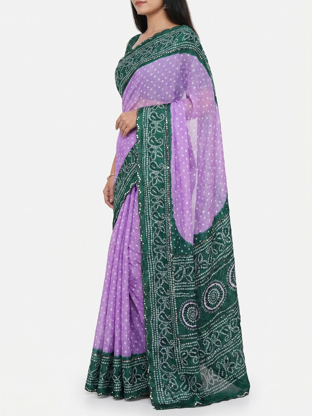 Lavender & Green Bandhani Printed Chiffon Saree - Image 3