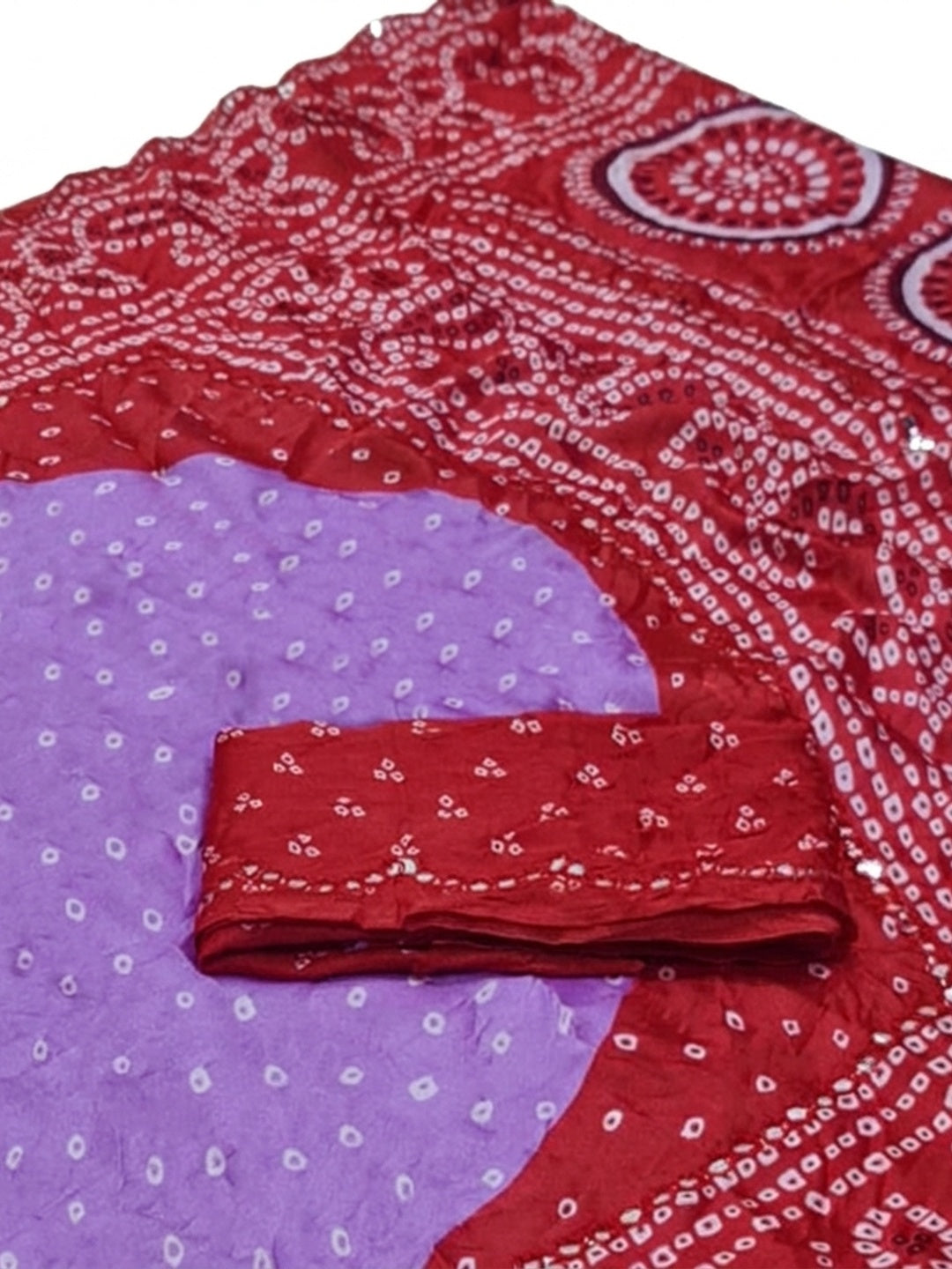 Lavender & Red Bandhani Printed Chiffon Saree - Image 3