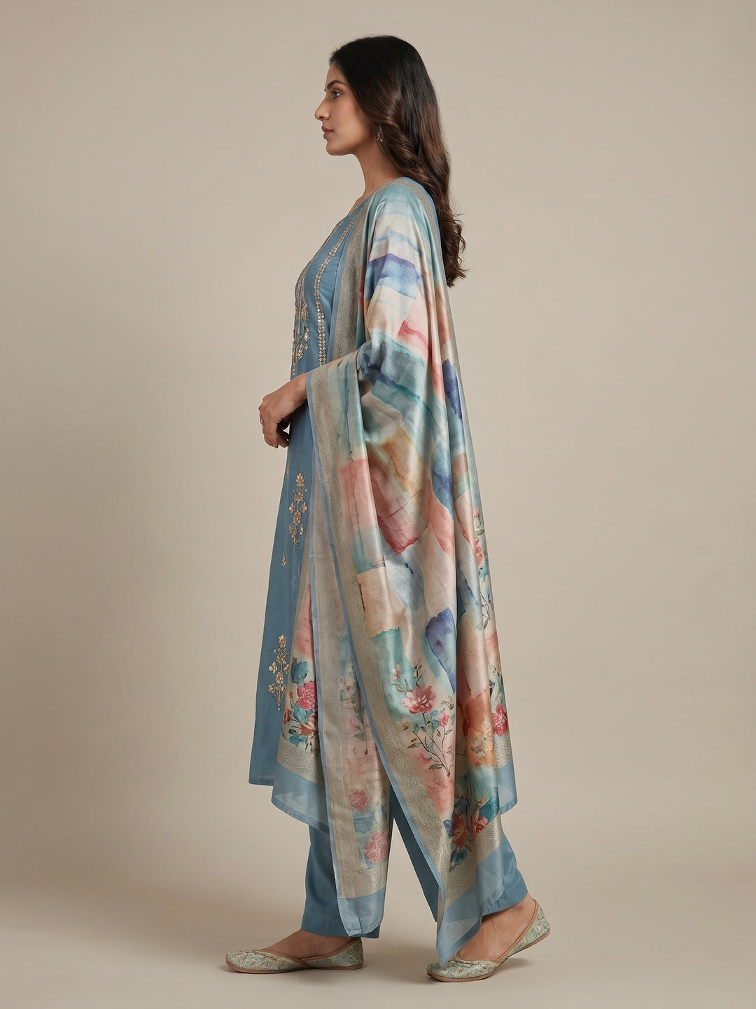 Blue Floral Sequin Embroidered Cotton Silk Dress Material - Image 1