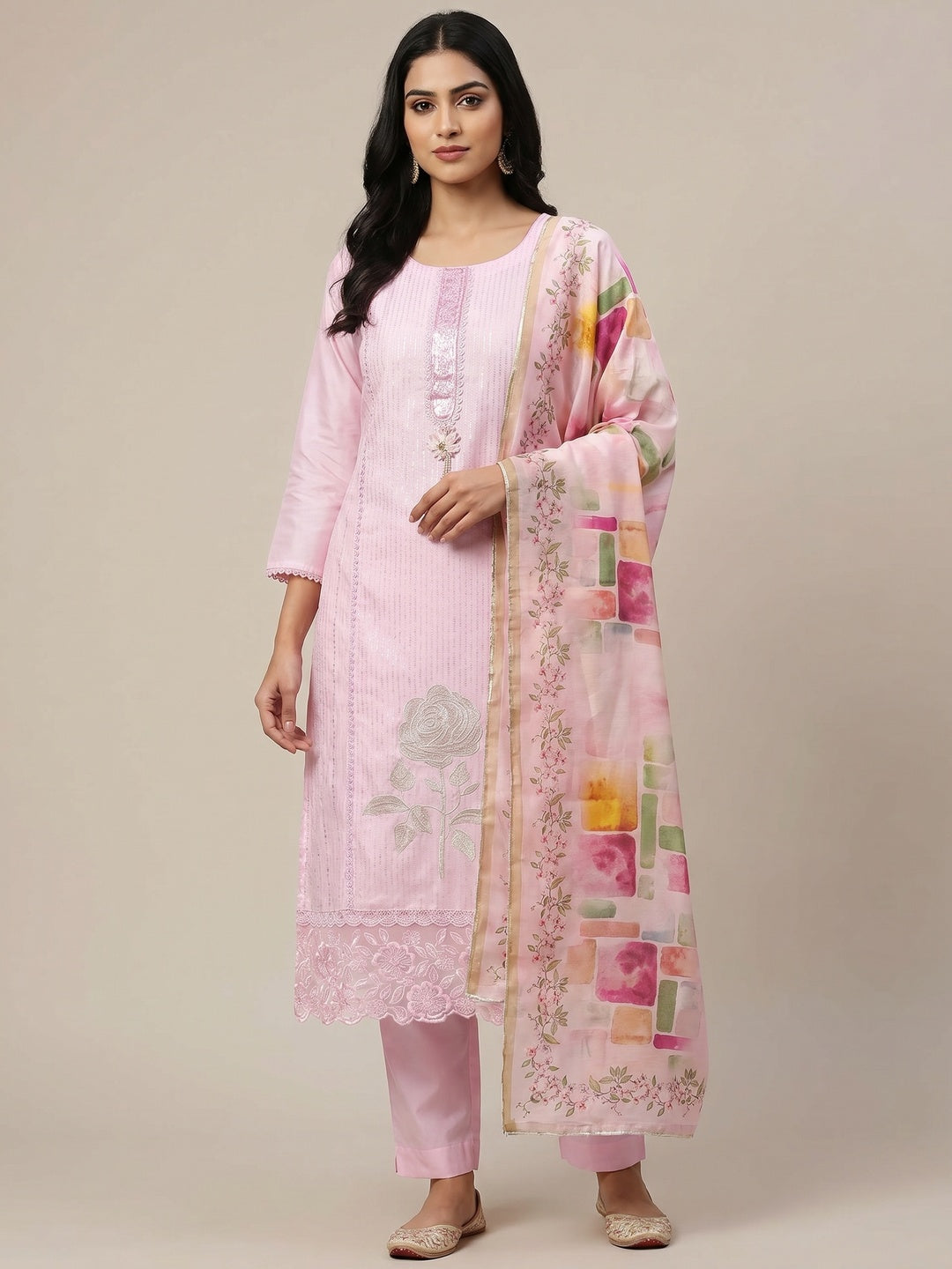 Pink Floral Sequin Embroidered Cotton Silk Dress Material - Image 1