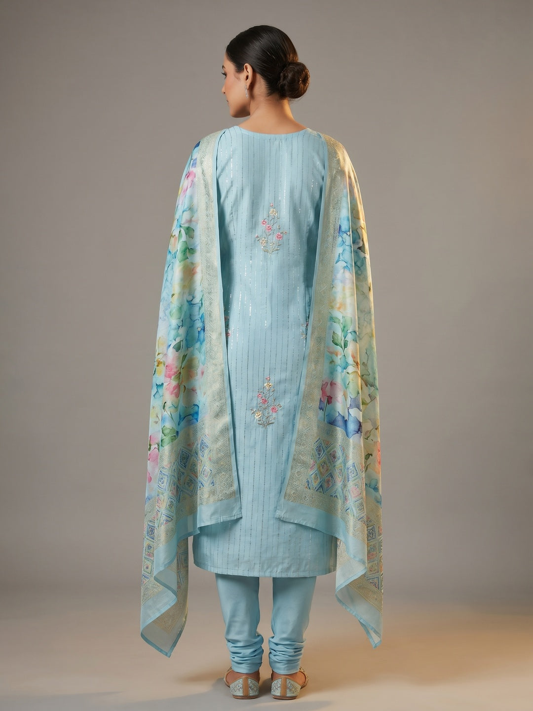 Blue Floral Sequin Embroidered Cotton Silk Dress Material - Image 2