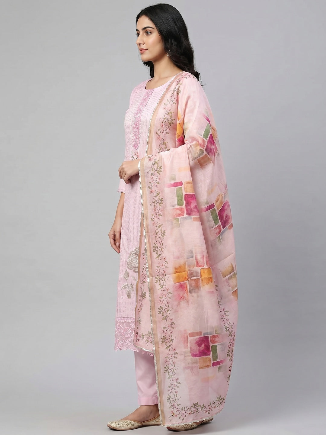 Pink Floral Sequin Embroidered Cotton Silk Dress Material - Image 3