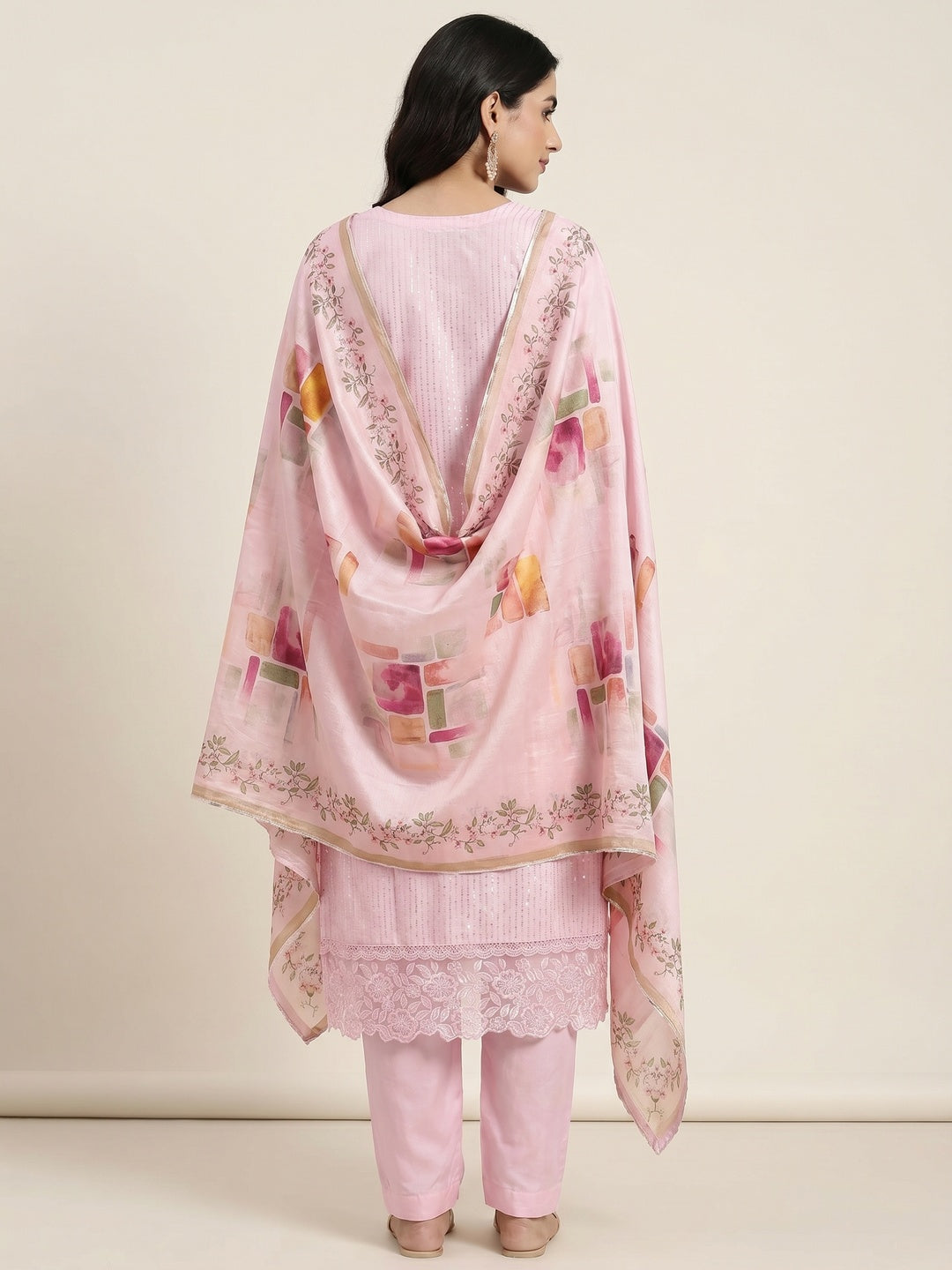 Pink Floral Sequin Embroidered Cotton Silk Dress Material - Image 2