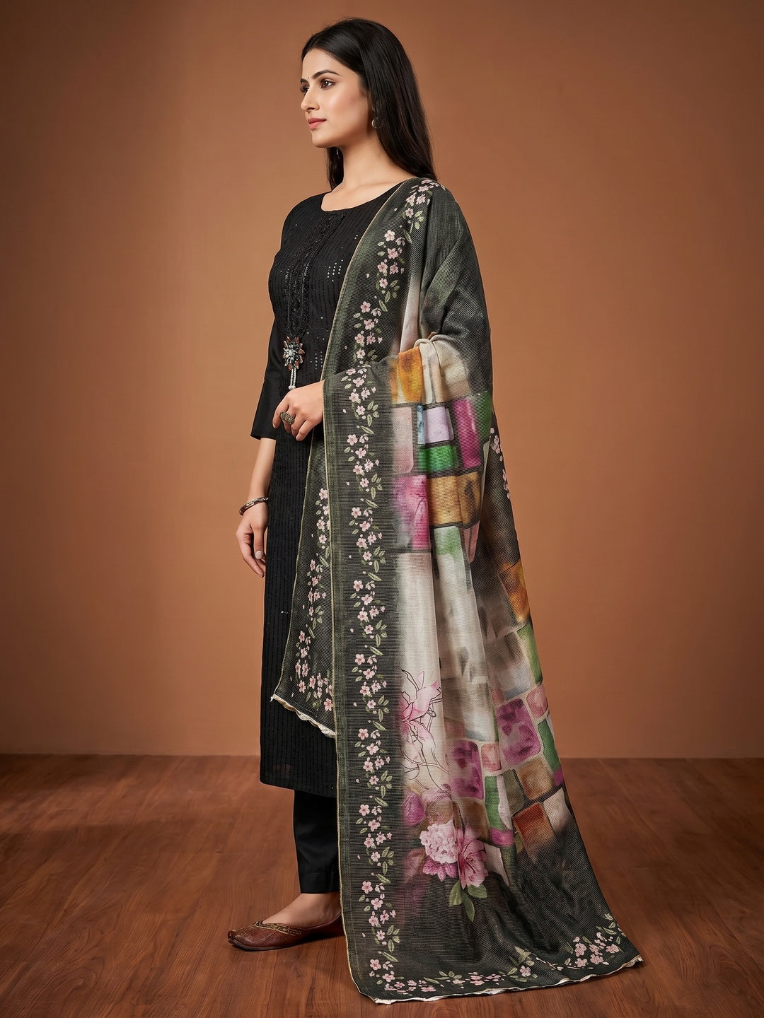 Black Floral Sequins Embroidered Cotton Silk Dress Material - Image 3