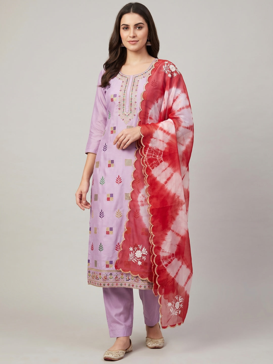 Light Purple Sequins Embroidered Cotton Silk Dress Material - Image 1