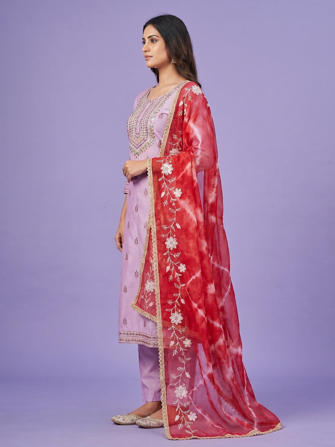 Light Purple Sequins Embroidered Cotton Silk Dress Material - Image 3