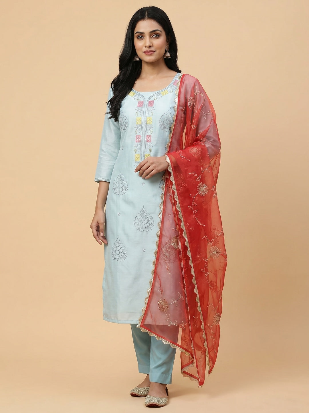 Blue Sequins Embroidered Cotton Silk Dress Material - Image 1