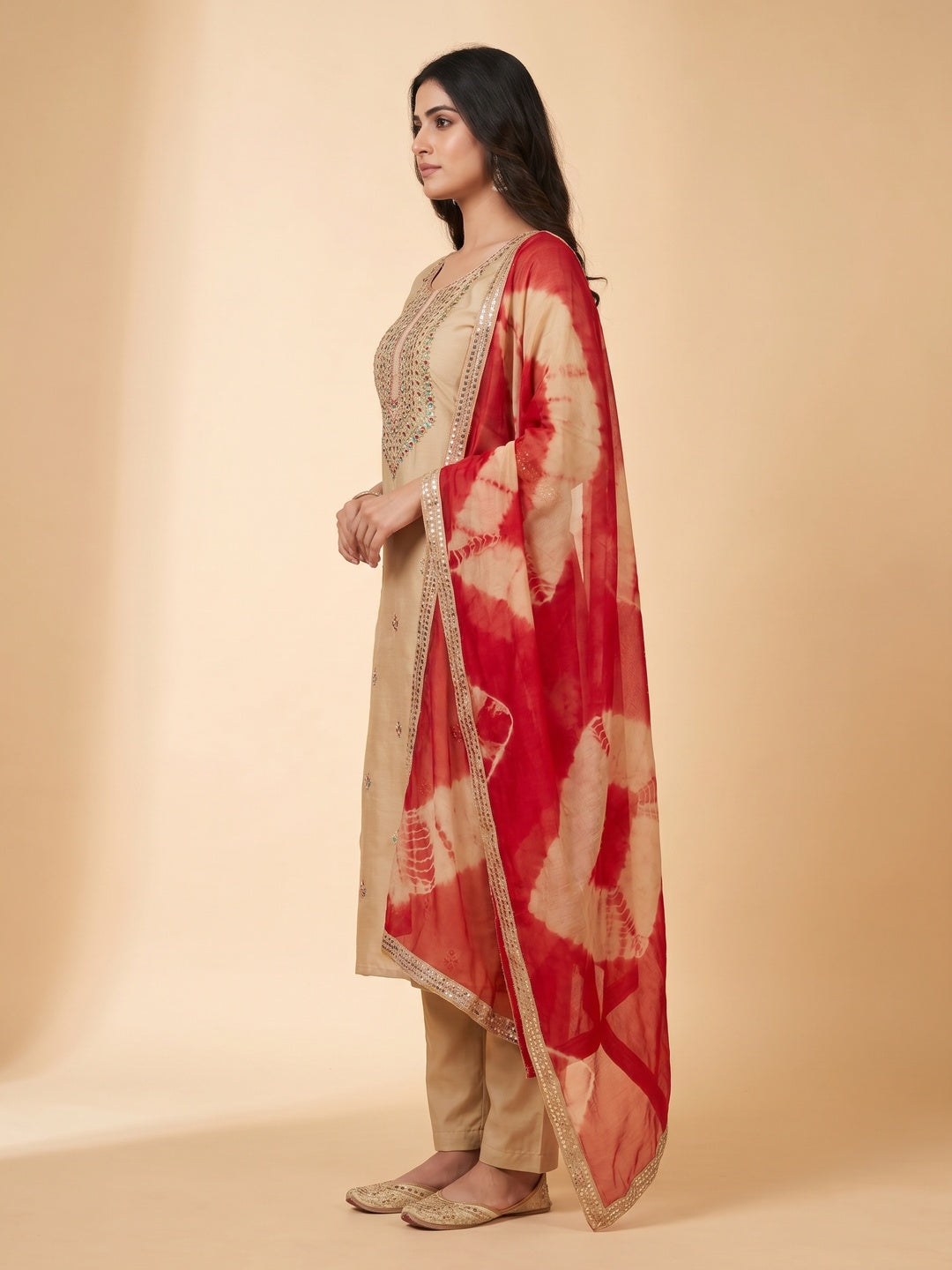 Beige Sequins Embroidered Cotton Silk Dress Material - Image 1