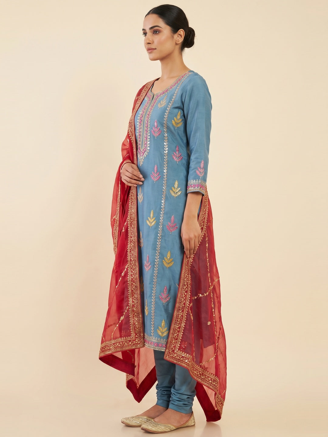 Blue Sequins Embroidered Cotton Silk Dress Material - Image 3