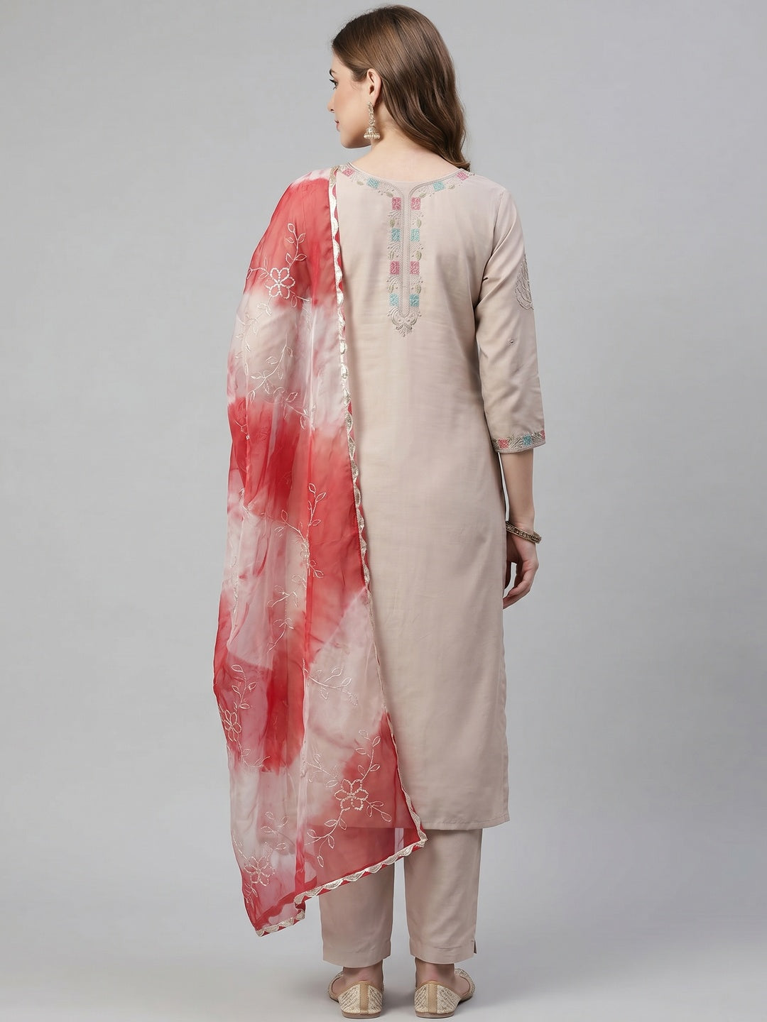 Beige Sequins Embroidered Cotton Silk Dress Material - Image 2