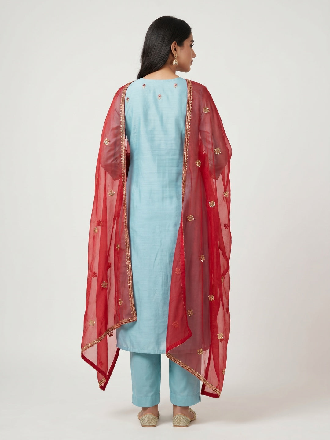 Blue Sequins Embroidered Cotton Silk Dress Material - Image 2