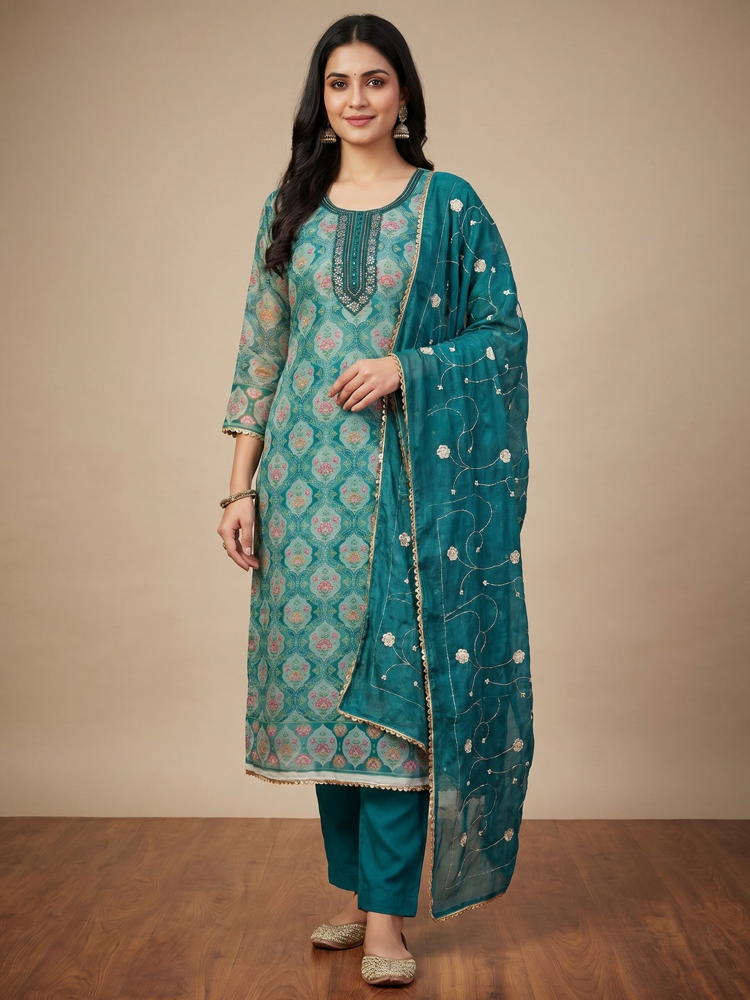 Teal Floral Printed With Hand Embroidery Organza Dress Material - Image 1