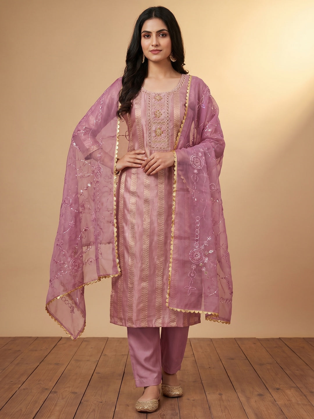 Mauve Sequins Hand Embroidery Organza Dress Material - Image 1