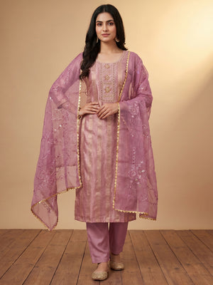 Mauve Sequins Hand Embroidery Organza Dress Material - Image 1