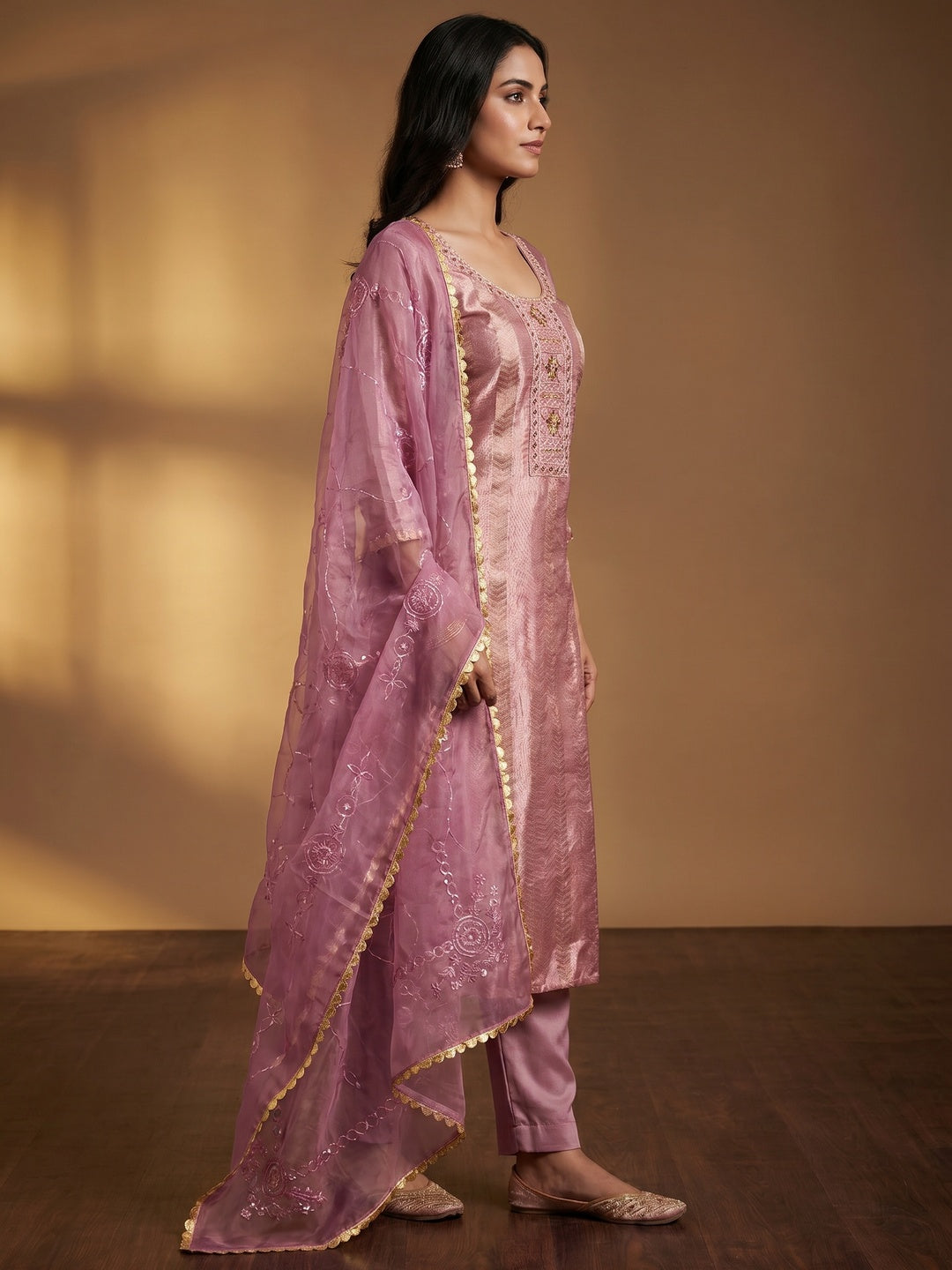 Mauve Sequins Hand Embroidery Organza Dress Material - Image 3