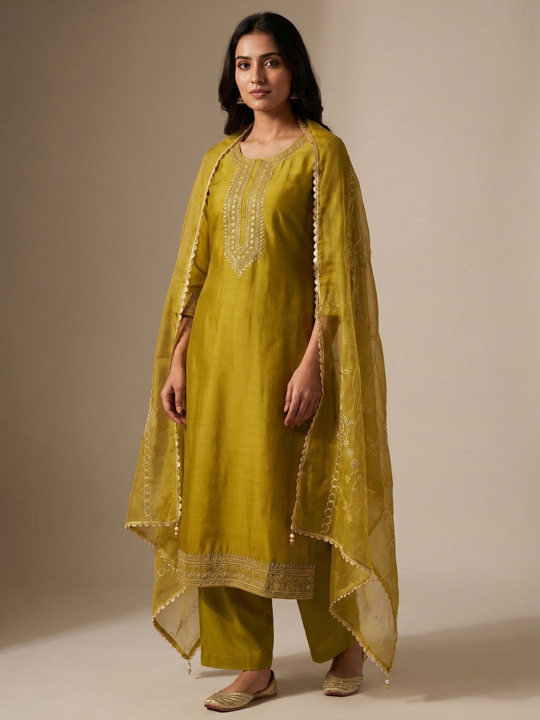 Green Sequins Hand Embroidery Organza Dress Material - Image 1