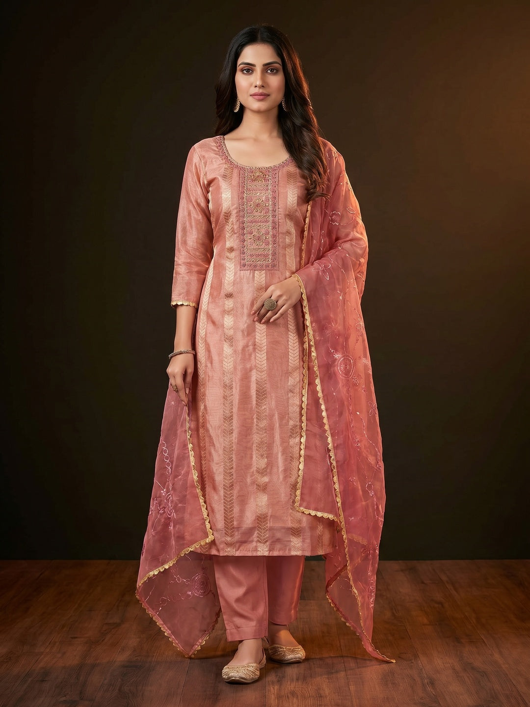 Peach Sequins Hand Embroidery Organza Dress Material - Image 1