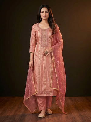 Peach Sequins Hand Embroidery Organza Dress Material - Image 1