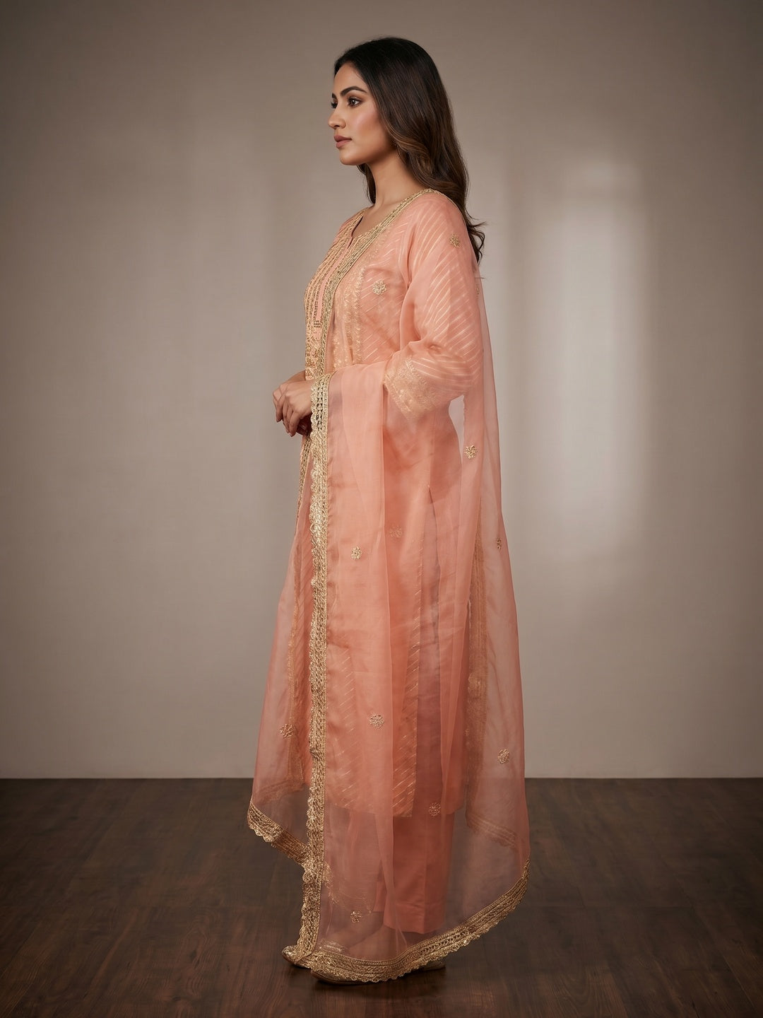 Peach Sequins Hand Embroidery Organza Dress Material - Image 2
