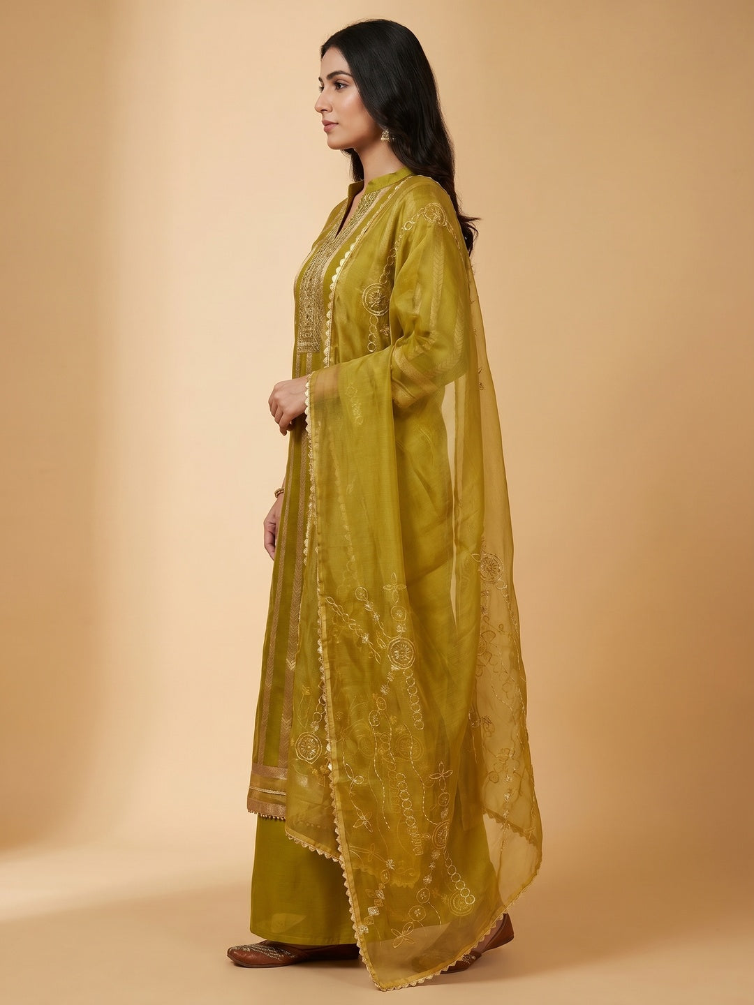 Green Sequins Hand Embroidery Organza Dress Material - Image 3